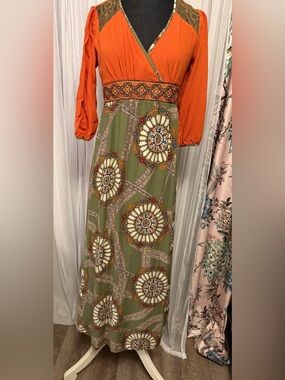 Flying Tomato Boho Maxi Dress Medium Orange Olive Medallion Lace 3/4 Sleeve